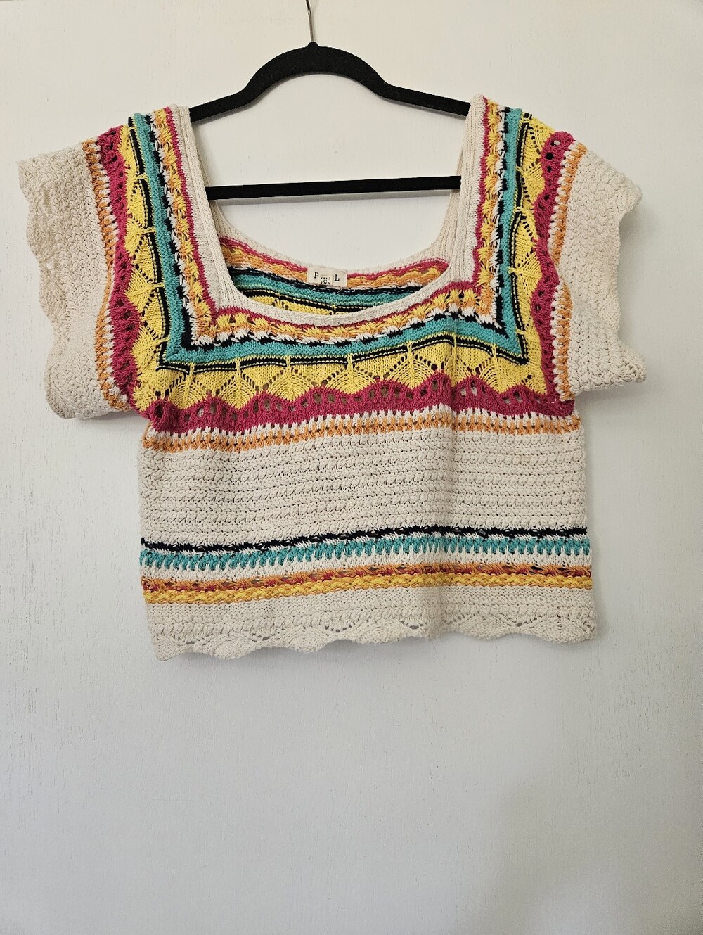 POL Multicolor Striped Crochet Knit Scoop Neck Short Sleeve Boho Crop Top L